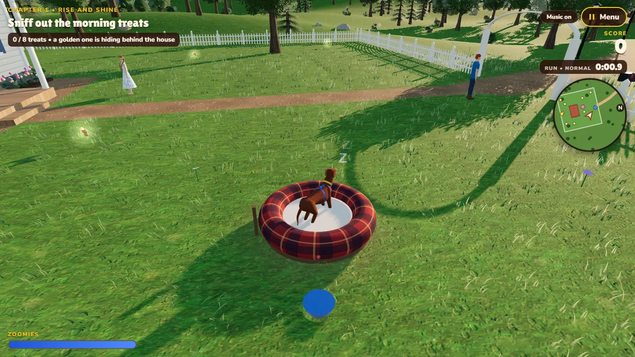 The game screen with the goal card top left, a round turning mini map top right and the Zoomies meter bottom left