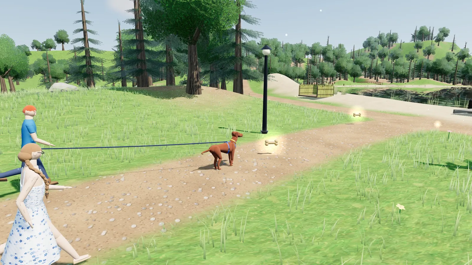 Bronson on a leash on a dirt trail, followed by two people, with bone shaped treats ahead