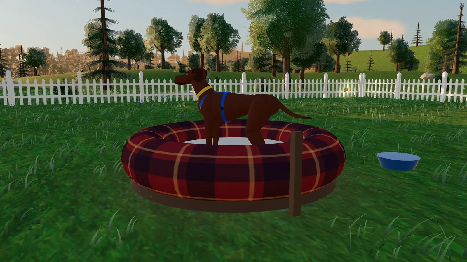 Bronson, a brown dog with a yellow collar and blue harness, standing in a plaid dog bed in a fenced yard